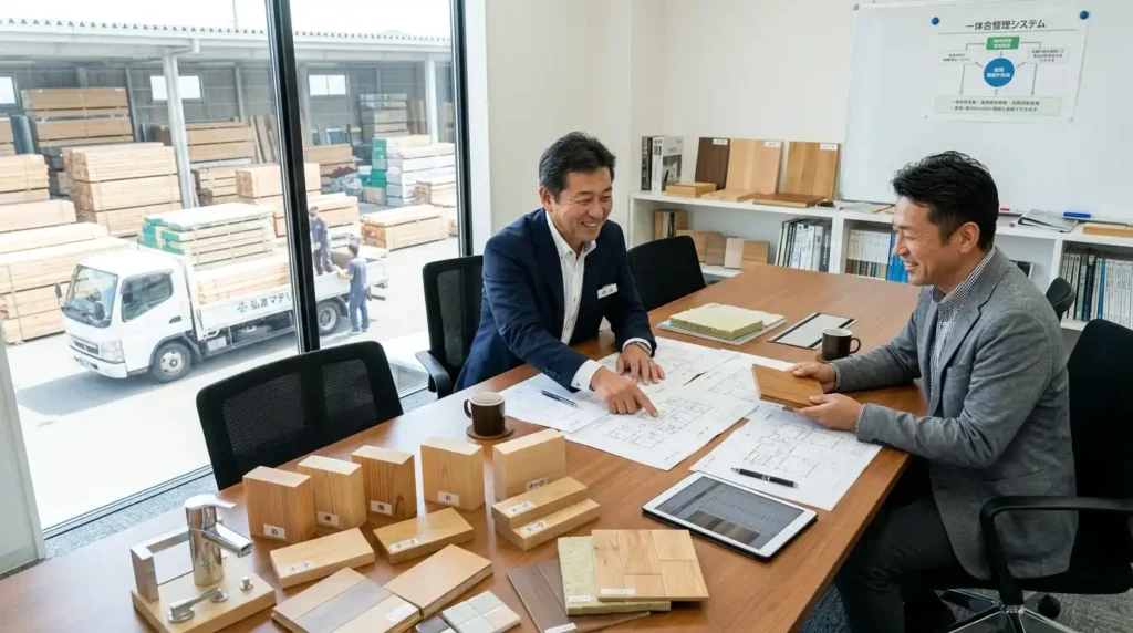 木材・各種建材・住宅設備機器の発注窓口を一本化し、見積もりや請求管理の業務効率化を図る工務店の打ち合わせ風景