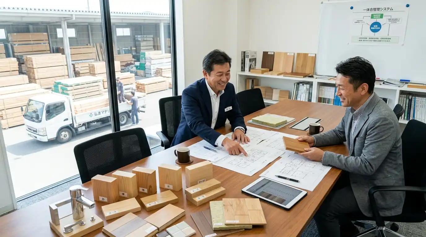 木材・各種建材・住宅設備機器の発注窓口を一本化し、見積もりや請求管理の業務効率化を図る工務店の打ち合わせ風景
