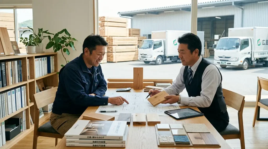 広島の工務店が建材や木材の仕入れ先を選ぶ際に役立つワンストップ調達と業者選定のポイントを解説するイメージ画像