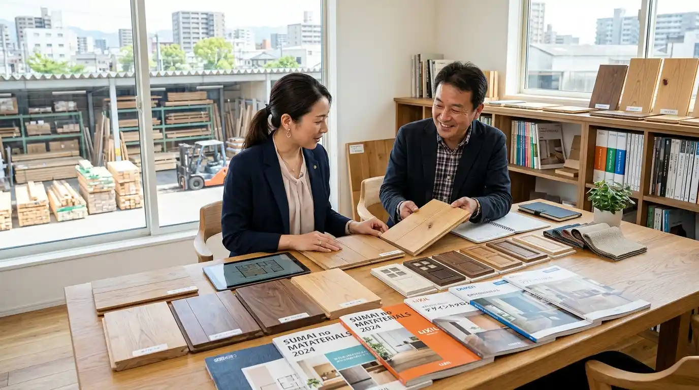 様々な内装建材メーカーの無垢フローリングや建具、壁材のサンプルを並べて質感やデザイン性を比較検討するプロの打ち合わせ風景